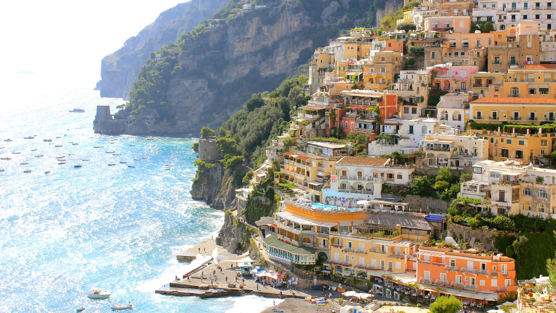 Adembenemend Uitzicht Op Een Italiaans Strand Tijdens Zonsondergang Achtergrond