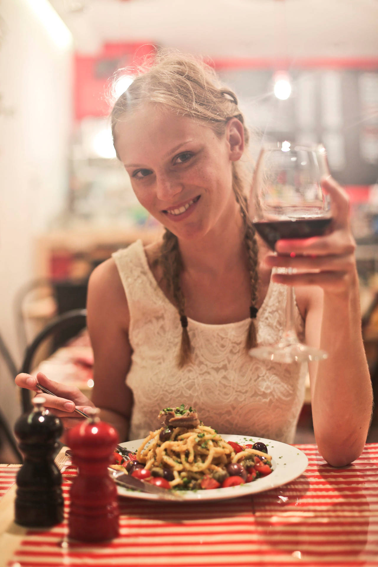 Italian Girl With Wine And Pasta Wallpaper