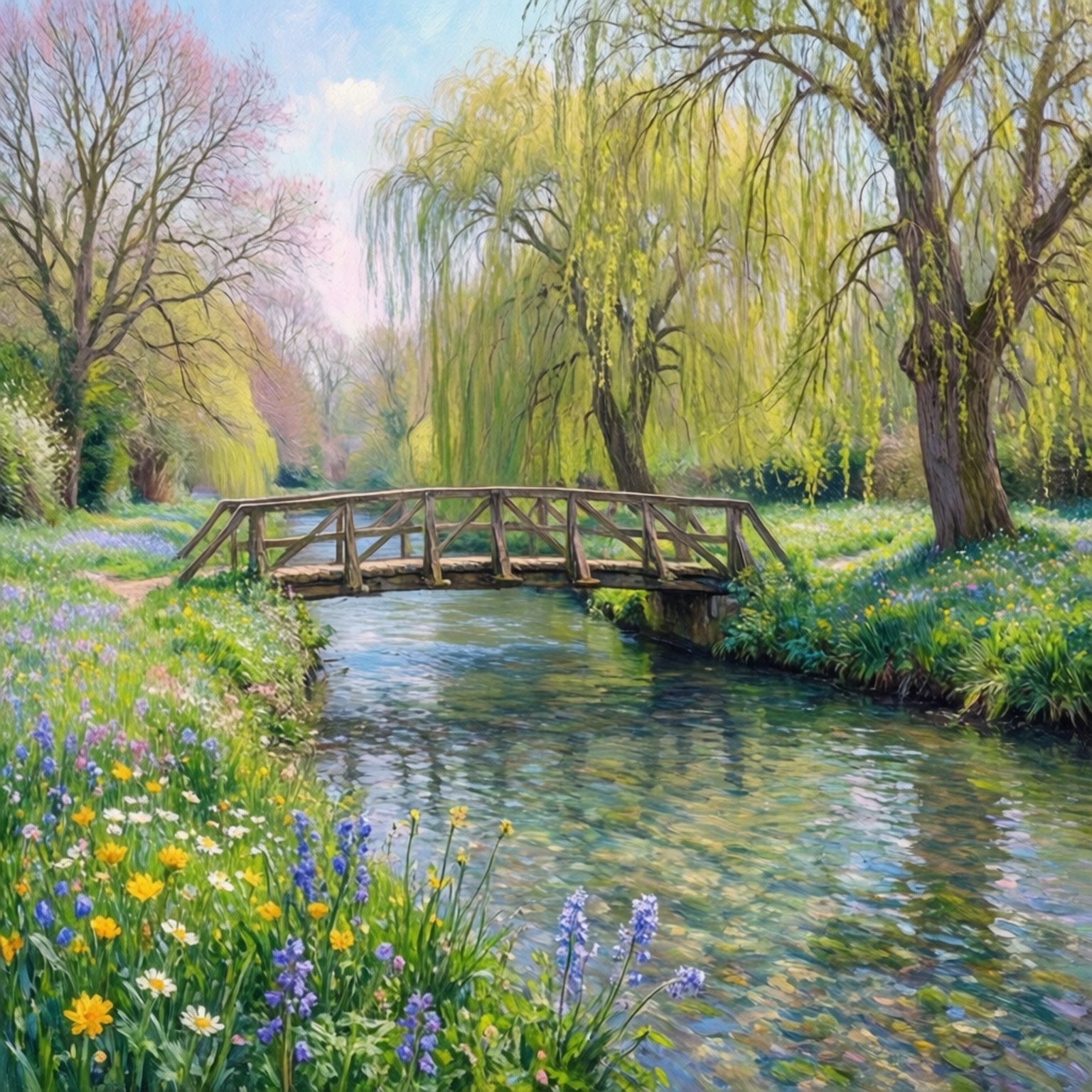 Impressionistisk maleri af floden Itchen om foråret med vilde blomster