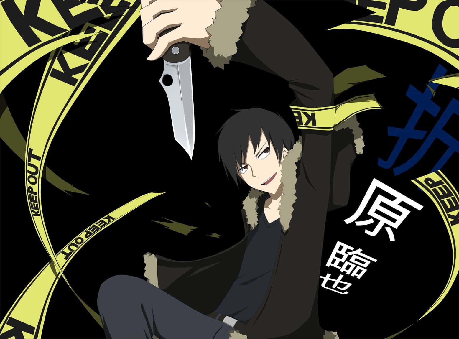 Izaya Orihara smirking in his signature black coat Wallpaper