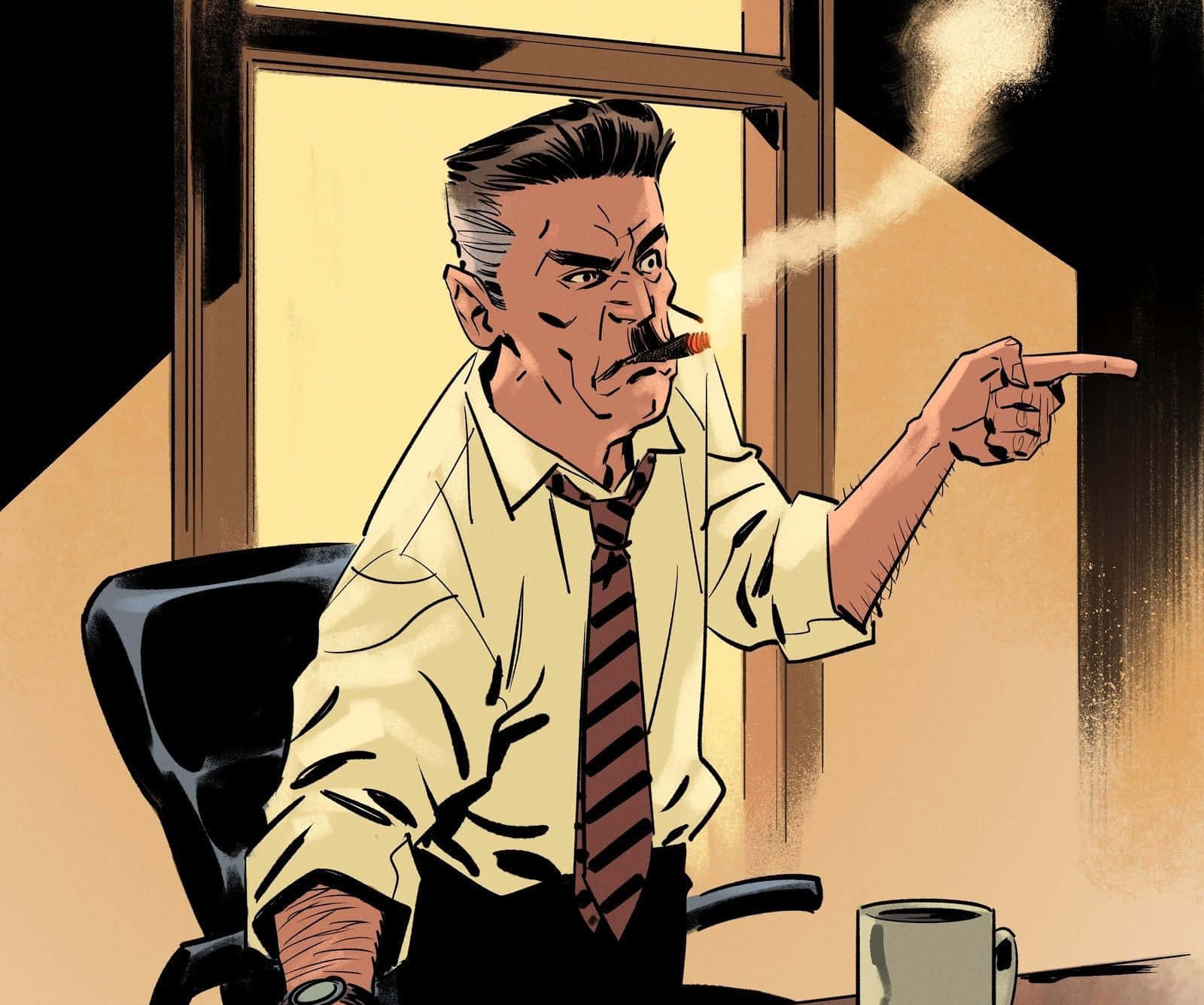 J. Jonah Jameson, Editor-in-chief of the Daily Bugle, discussing the latest Spider-Man news at his desk. Wallpaper