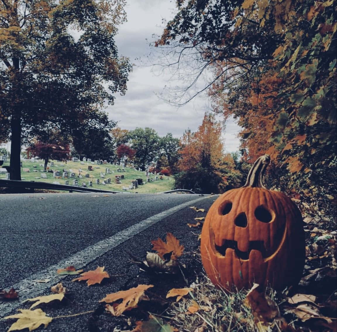 Jack O Lantern Aesthetic Autumn Halloween Side Of The Road Wallpaper