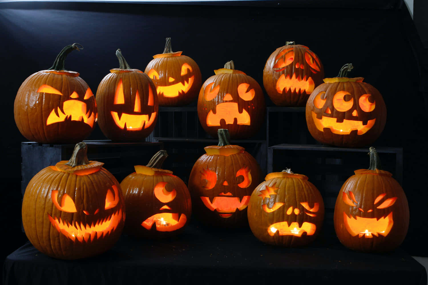 A Group Of Pumpkins With Faces