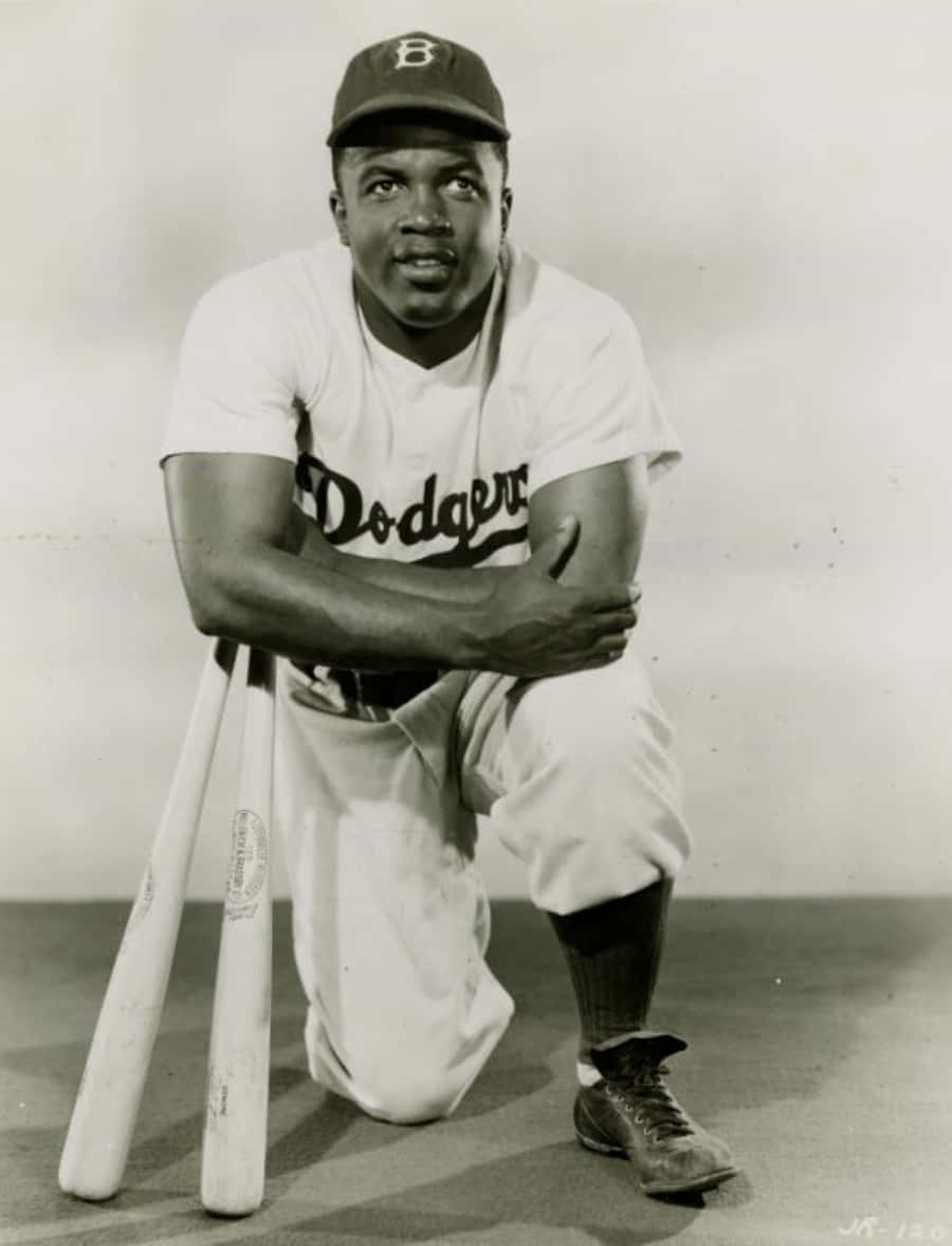 Jackie Robinson in full uniform ready to play for the Brooklyn Dodgers