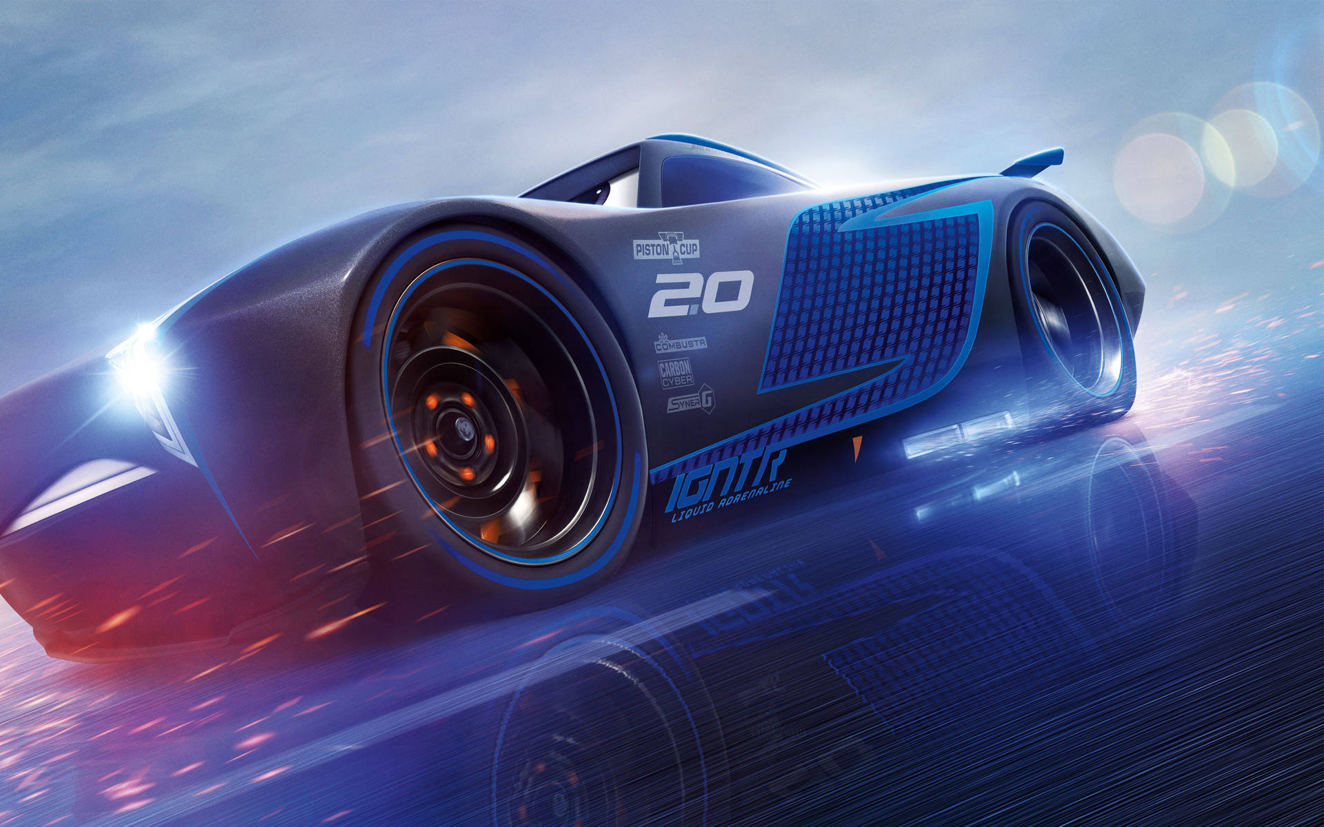 Low angle view of Jackson Storm, McQueen's rival in Cars 3 film by Disney wallpaper.