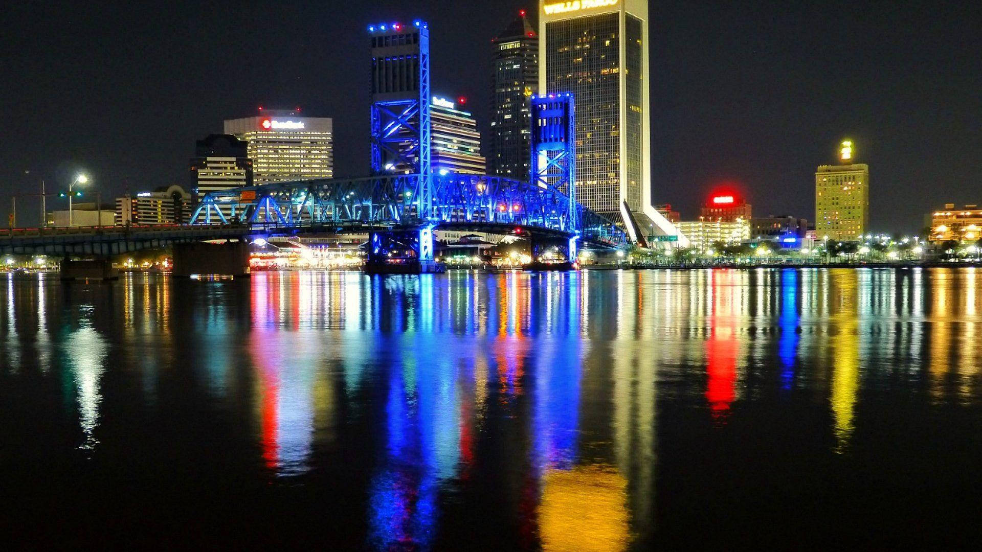 Jacksonville Bridge Illuminated Blue Wallpaper