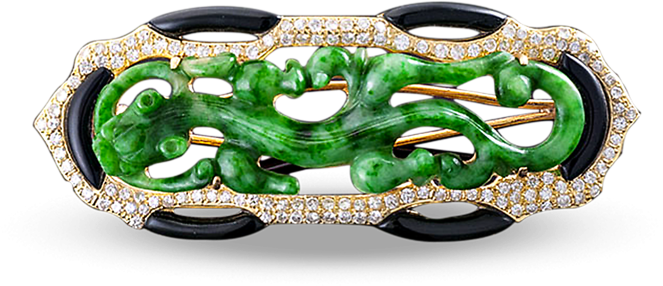 Jade Dragon Gold Diamond Brooch PNG