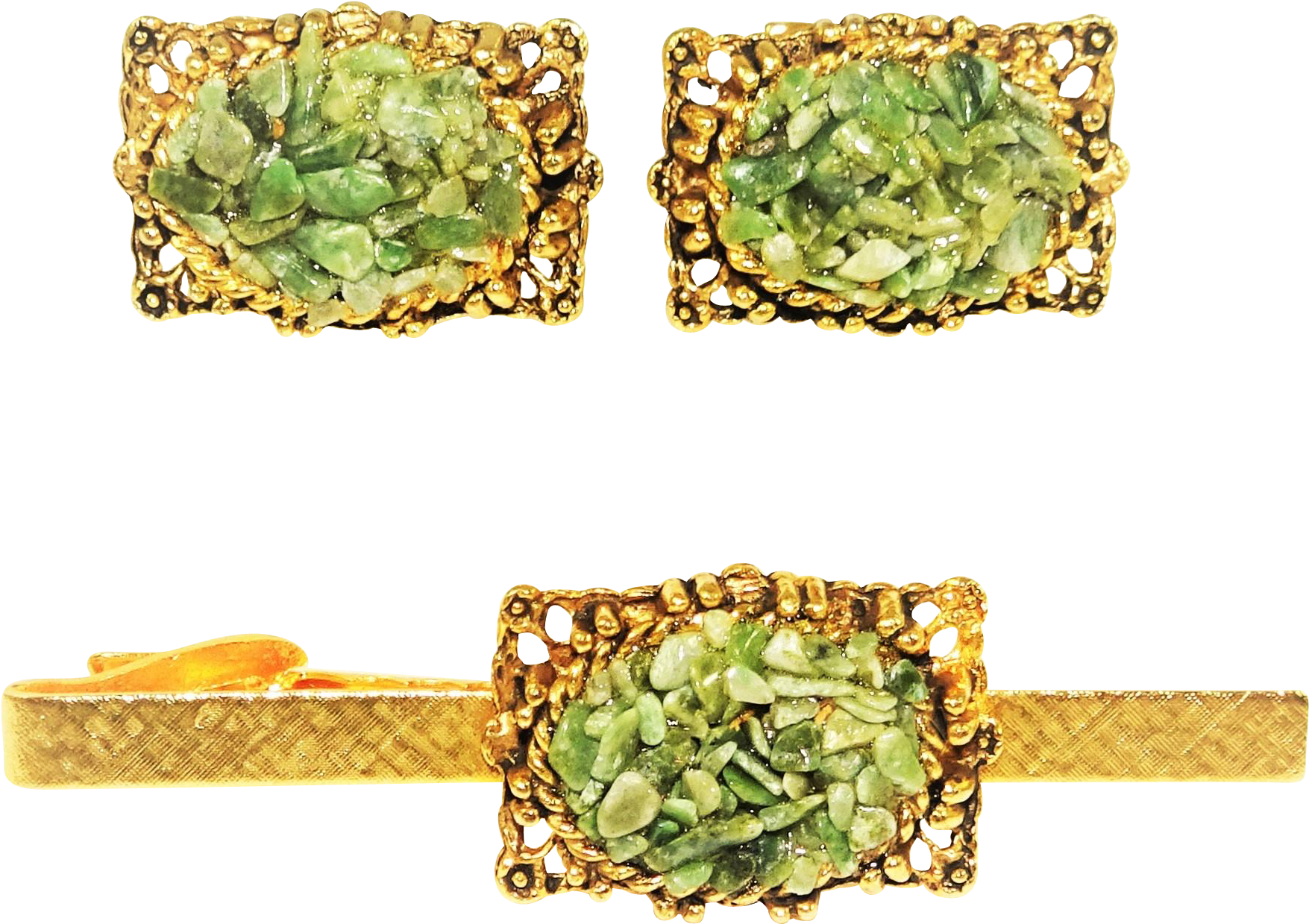 Jade Encrusted Golden Cufflinksand Tie Clip PNG