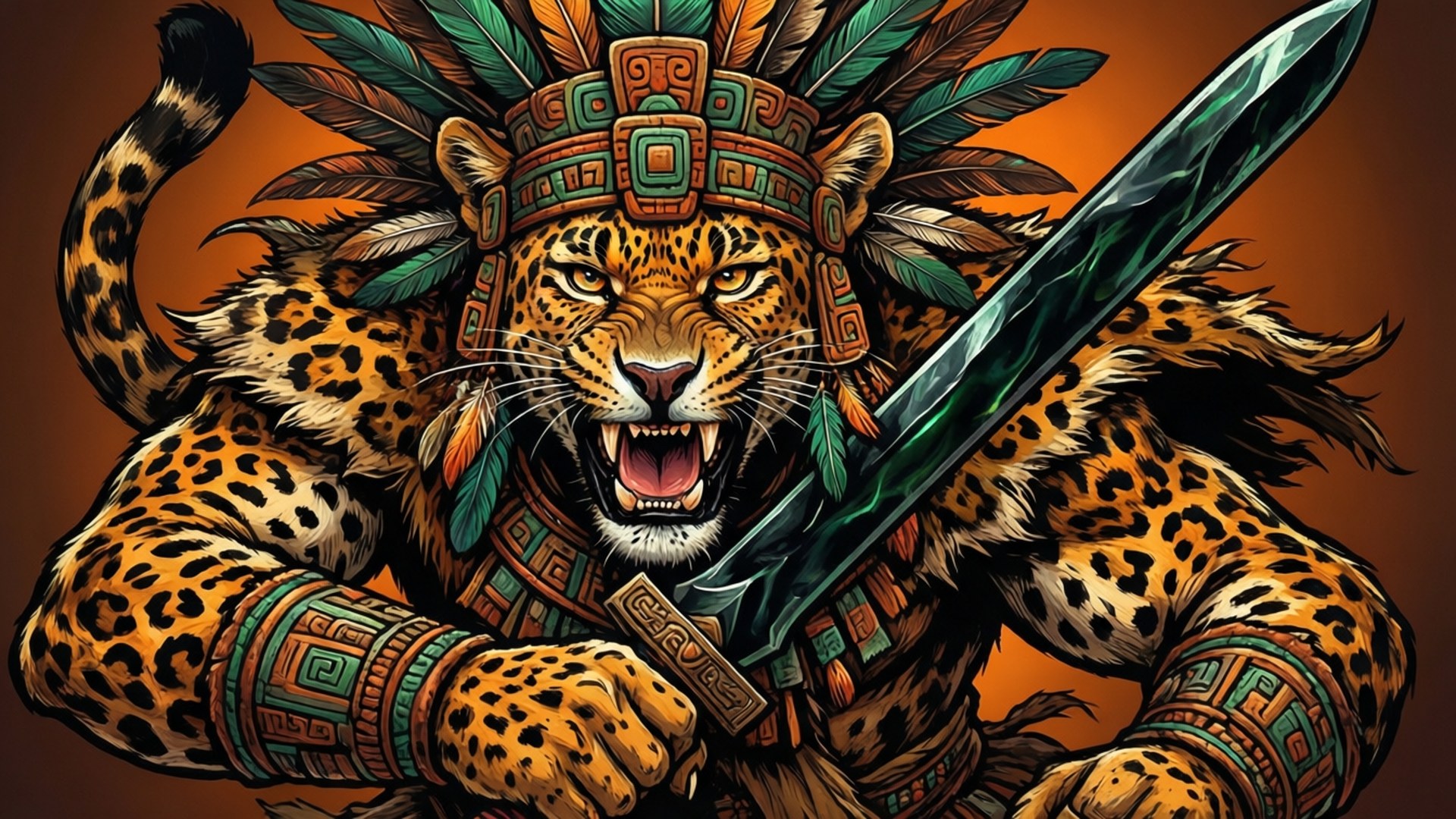 Dynamisk vektor av en aztekisk jaguarkriger i oransje og grønt.