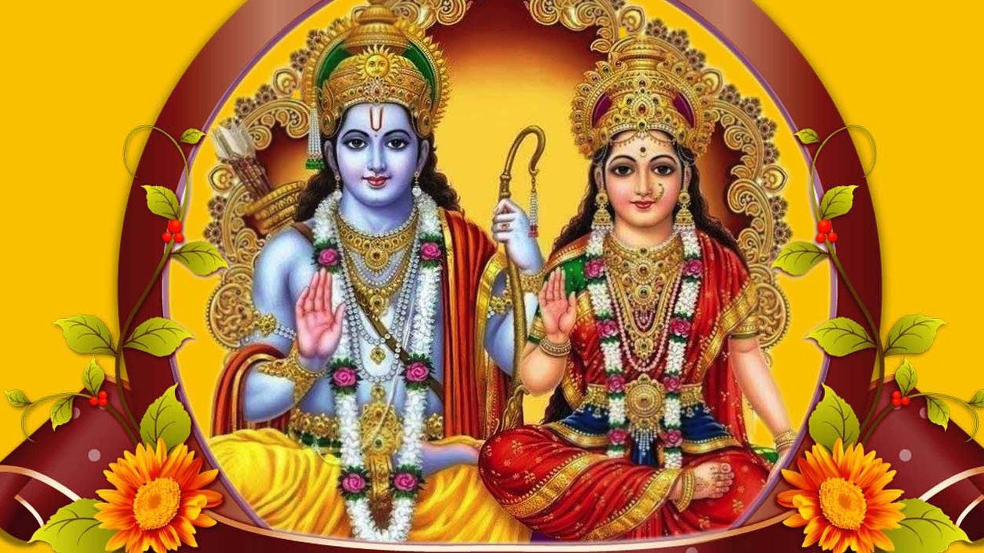 Jai Shri Ram Rama og Sita med blomster Wallpaper