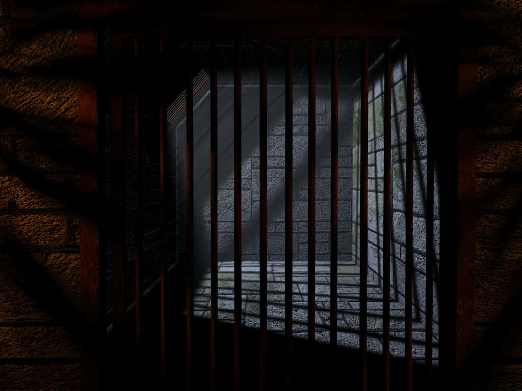 A Dark Room With Bars And A Door