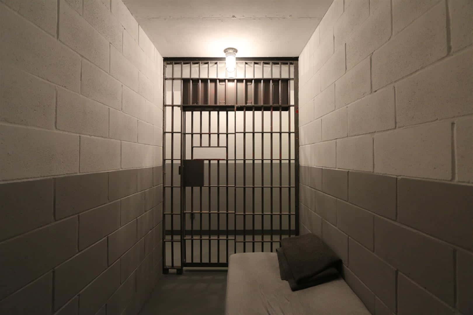 En fængsel celle med en seng og en lampe