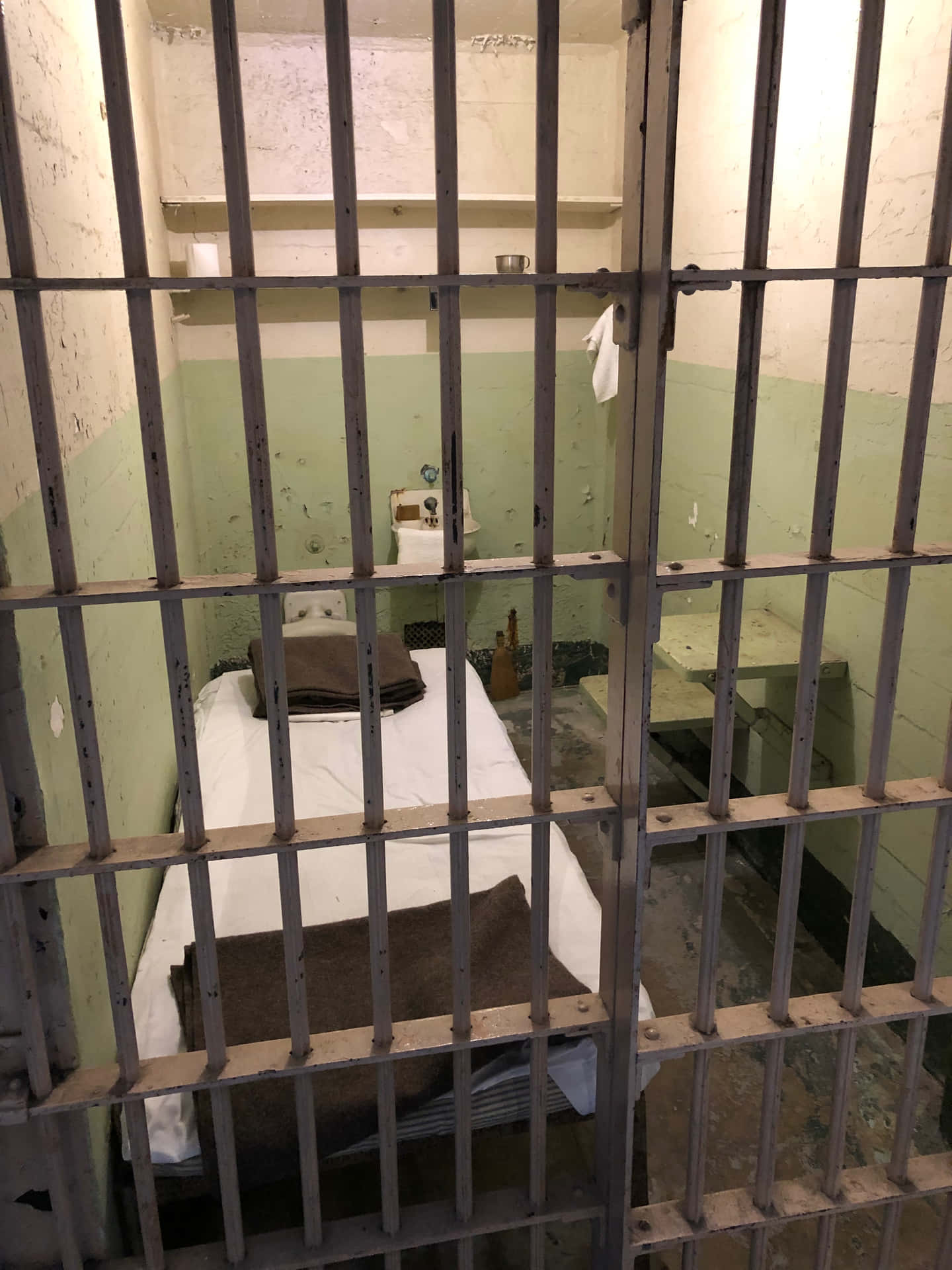 En fængselscelle med en seng og toilet.