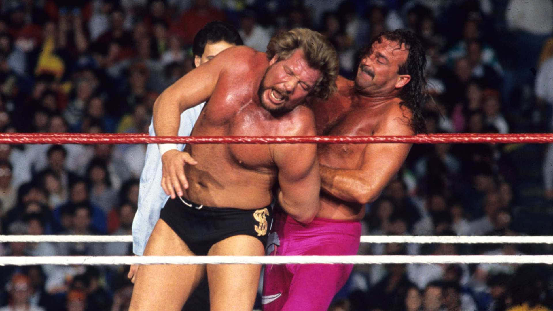 Jake Roberts Holding Ted DiBiase In A Rear Arm Lock Wallpaper