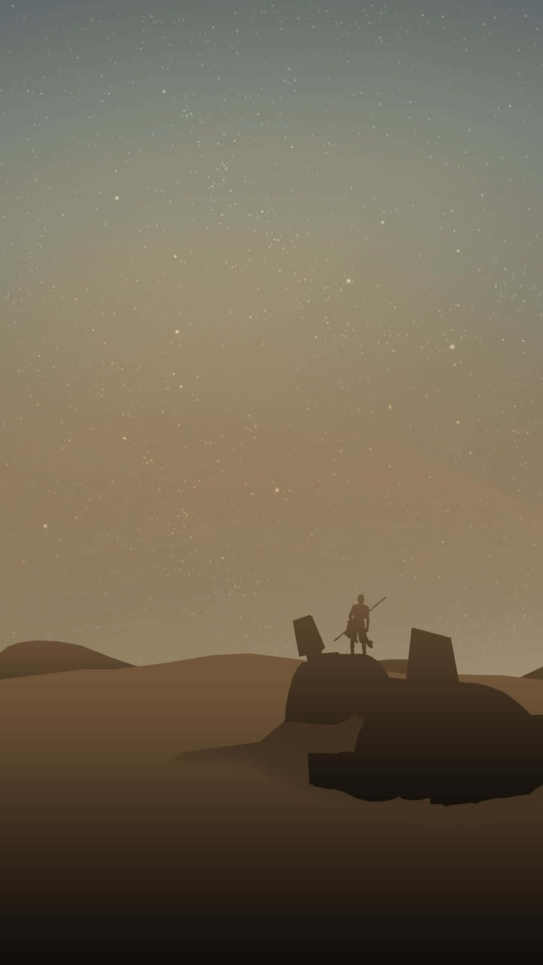 Desert landscape of Jakku with a crashed Star Destroyer and AT-AT walker Wallpaper