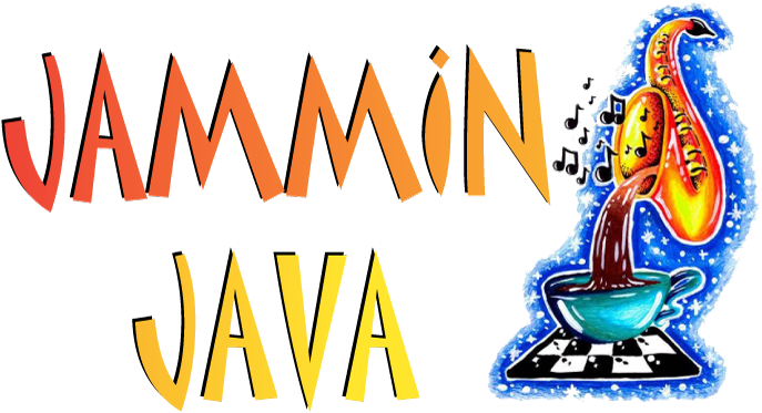 Jammin Java Logo Transparent Background PNG — Bold orange and yellow text reads Jammin Java with a saxophone pouring coffee into a cup on a chessboard against a black background.