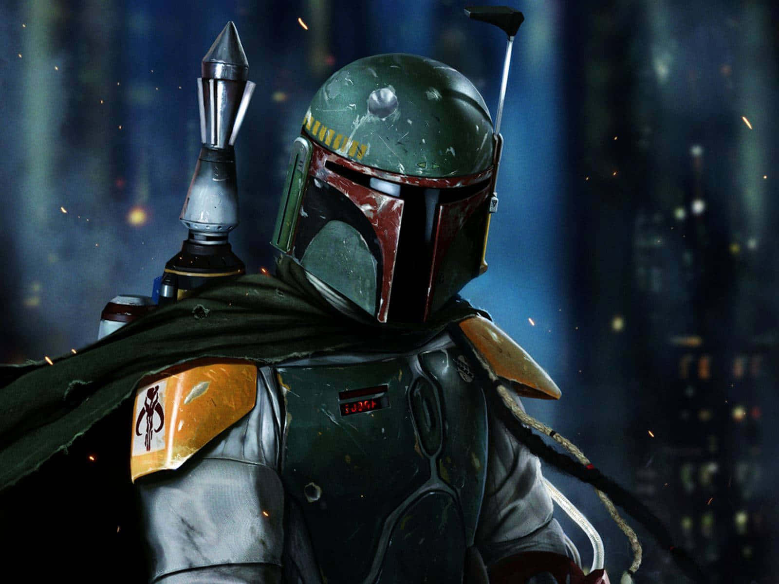 Jangofett Con Una Pose Dinámica En La Galaxia. Fondo de pantalla