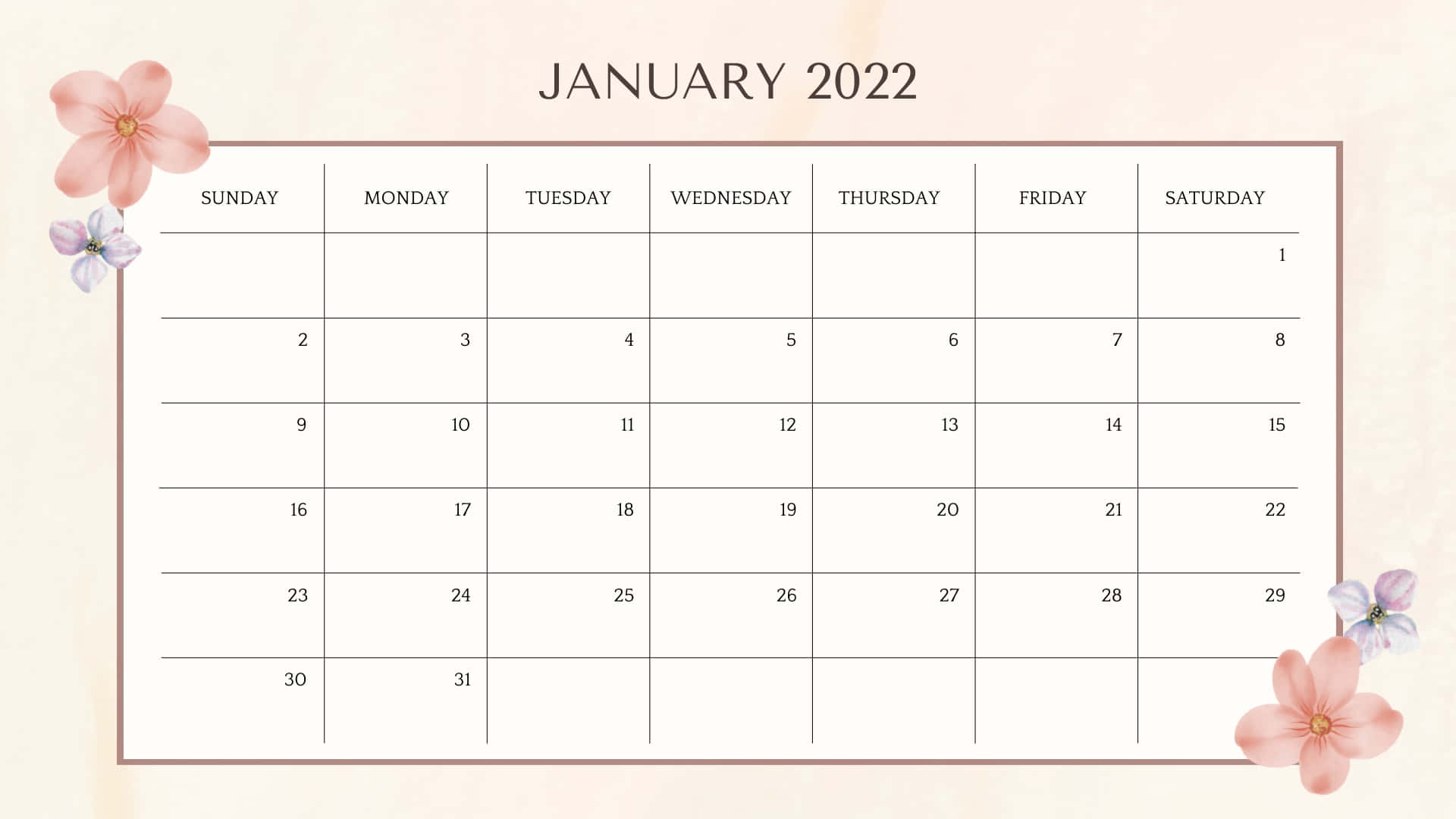 Januari2022 Kalender 1920 X 1080 Bakgrund