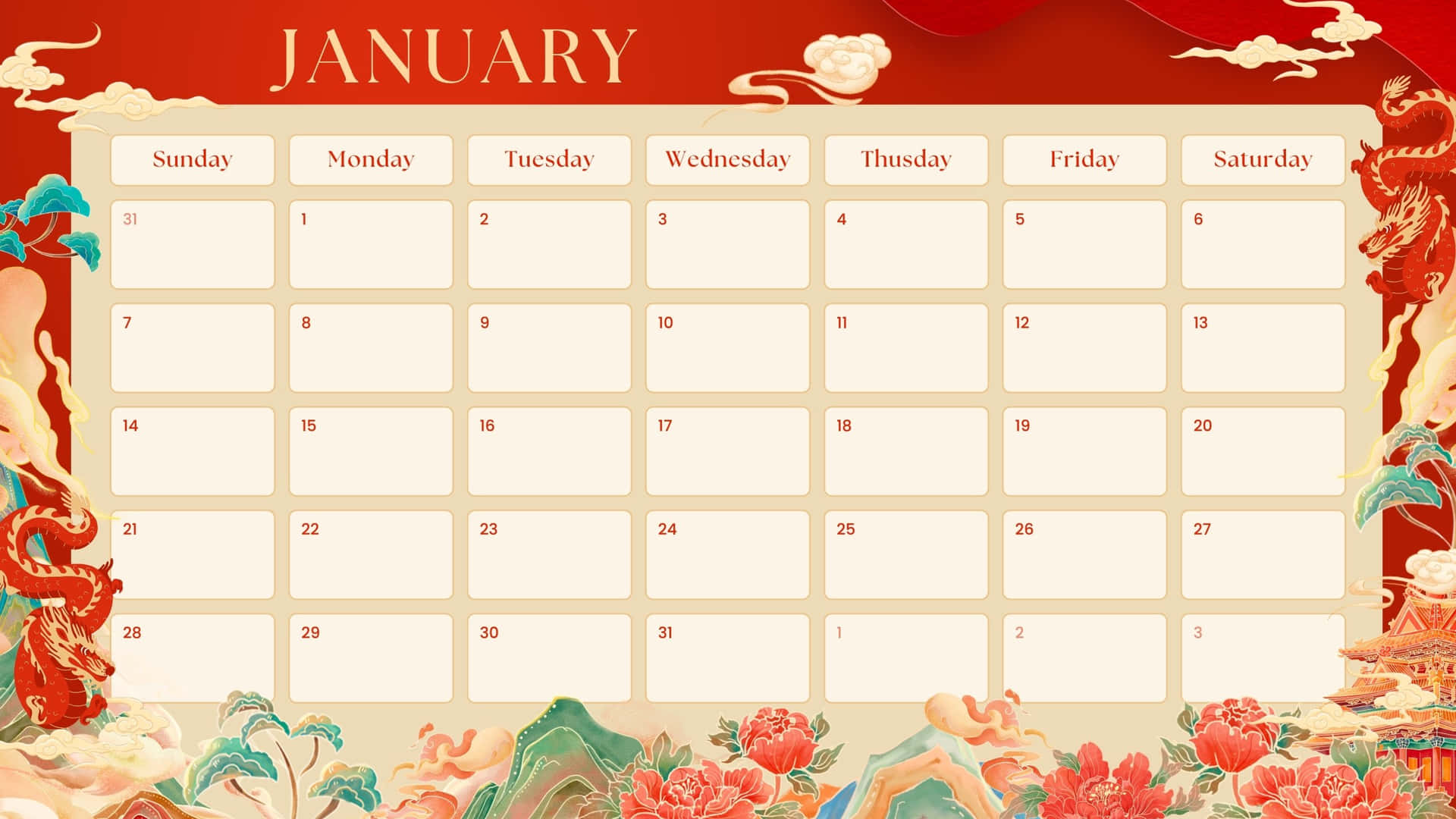 January_2024_ Calendar_with_ Dragon_ Motif Wallpaper