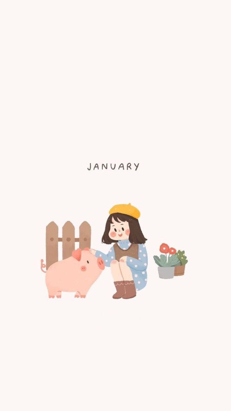 January Girl And Pig Drawing Wallpaper