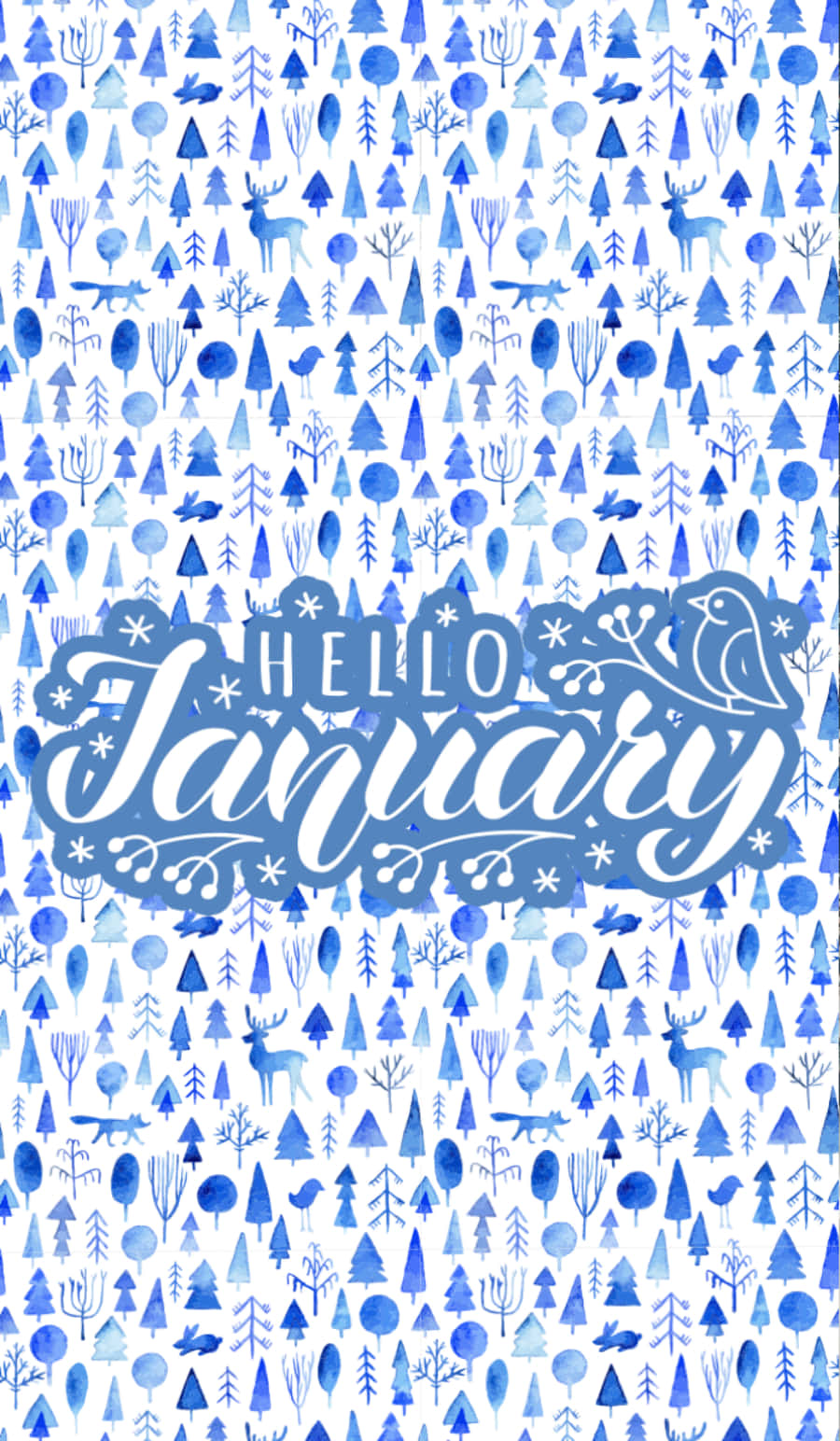 Hello January With Blue Watercolor Trees Wallpaper