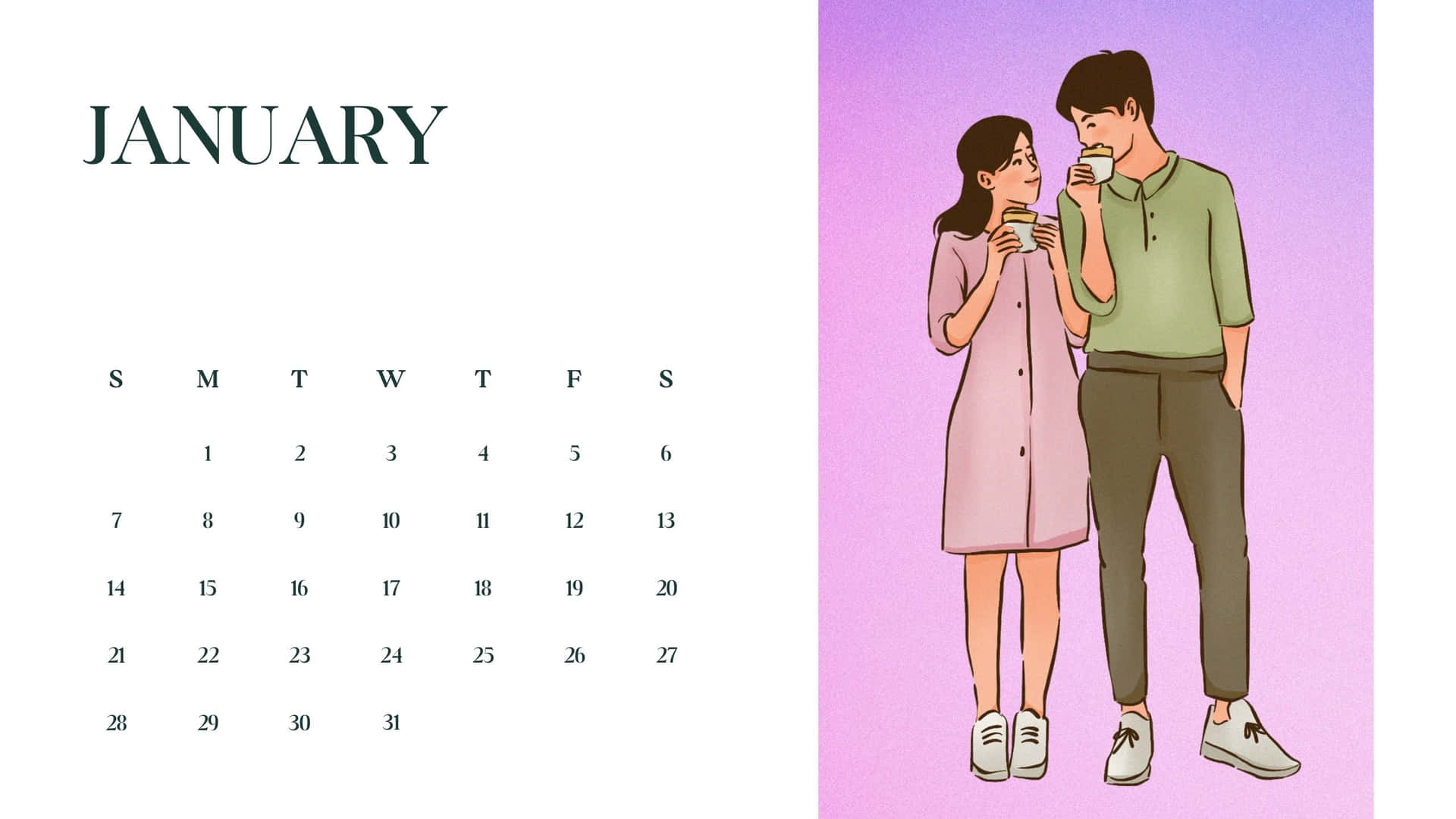 January2024 Calendarwith Couple Illustration Wallpaper