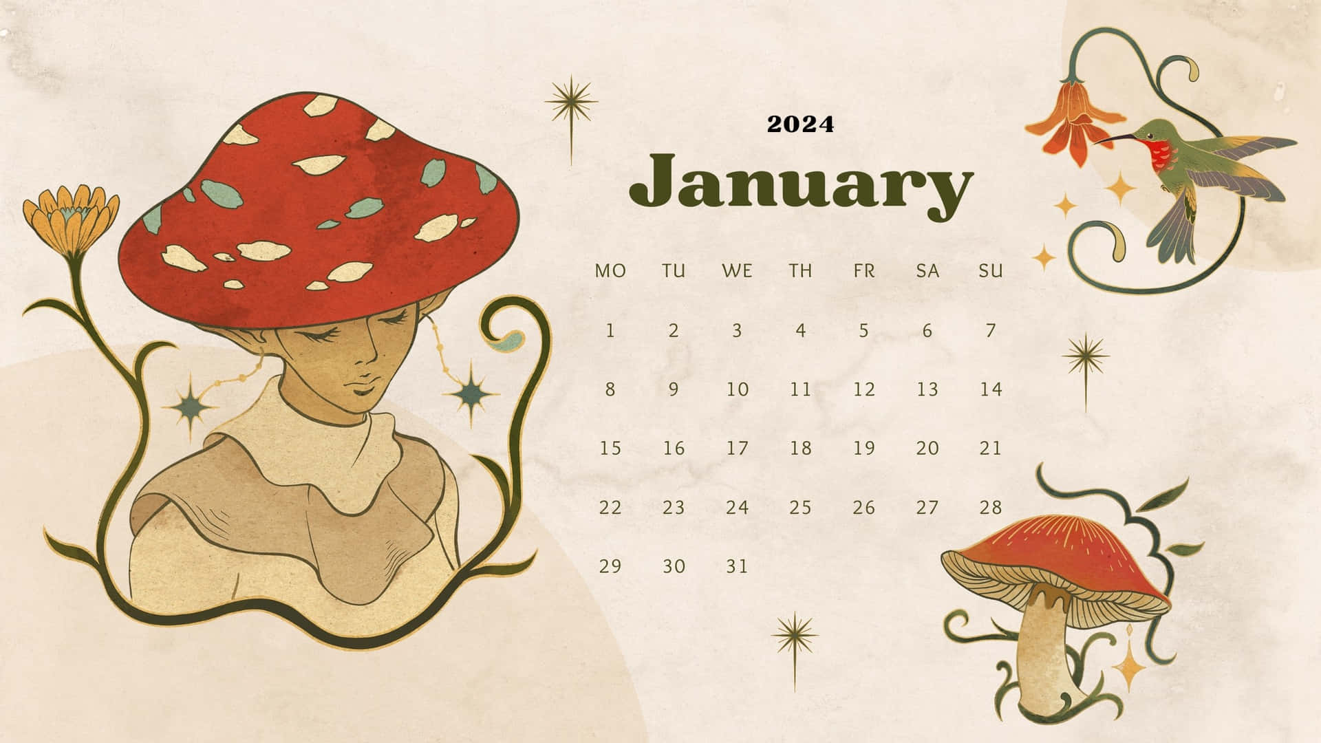 January2024 Mushroom Hat Calendar Wallpaper