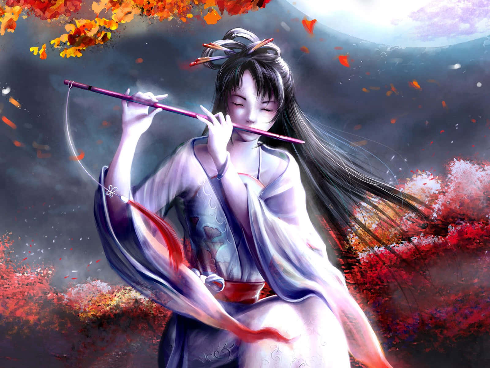 Japan Anime Girl Playing Flute Wallpaper
