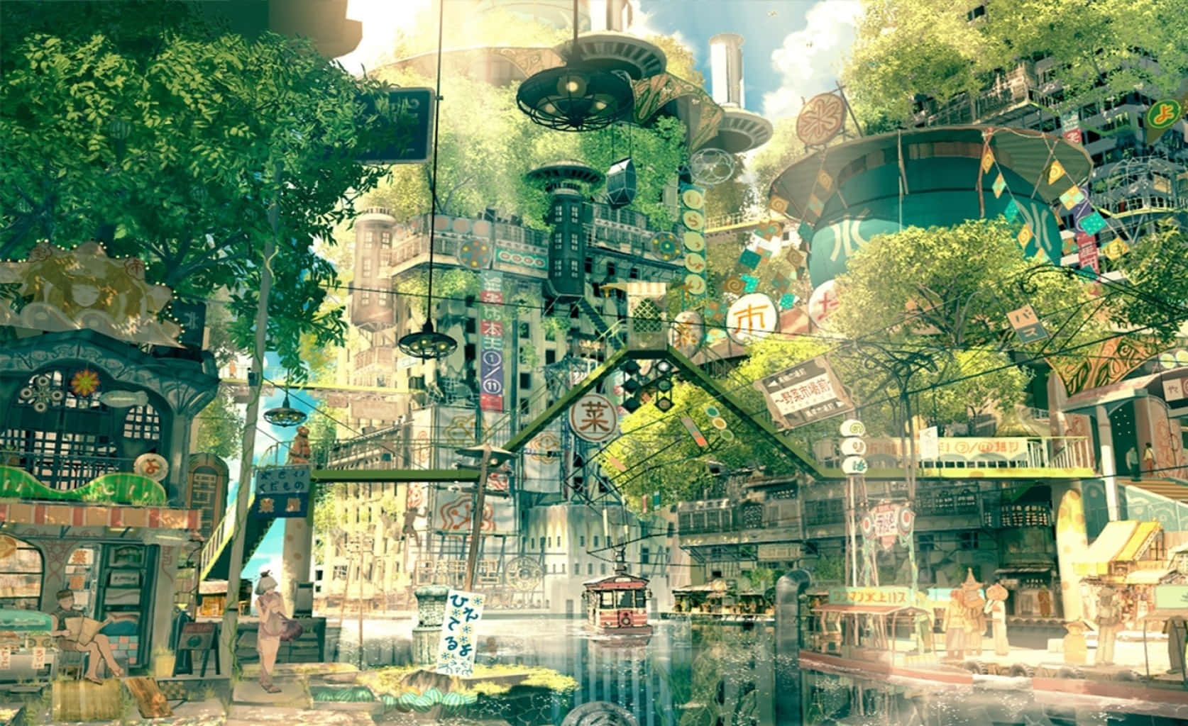 Japan Anime Green City Wallpaper