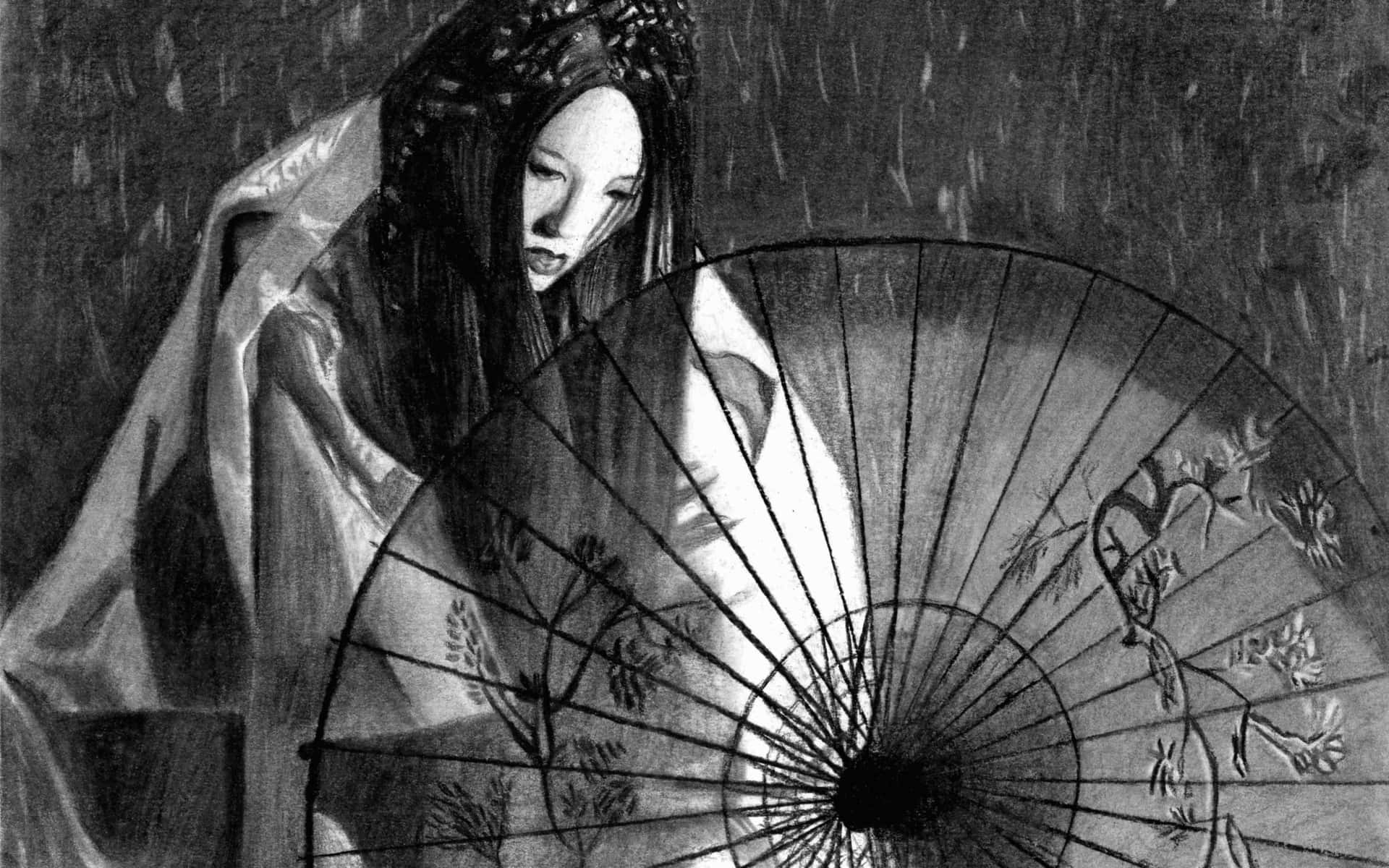 Japanischeschwarz-weiß Frau Mit Sonnenschirm Wallpaper