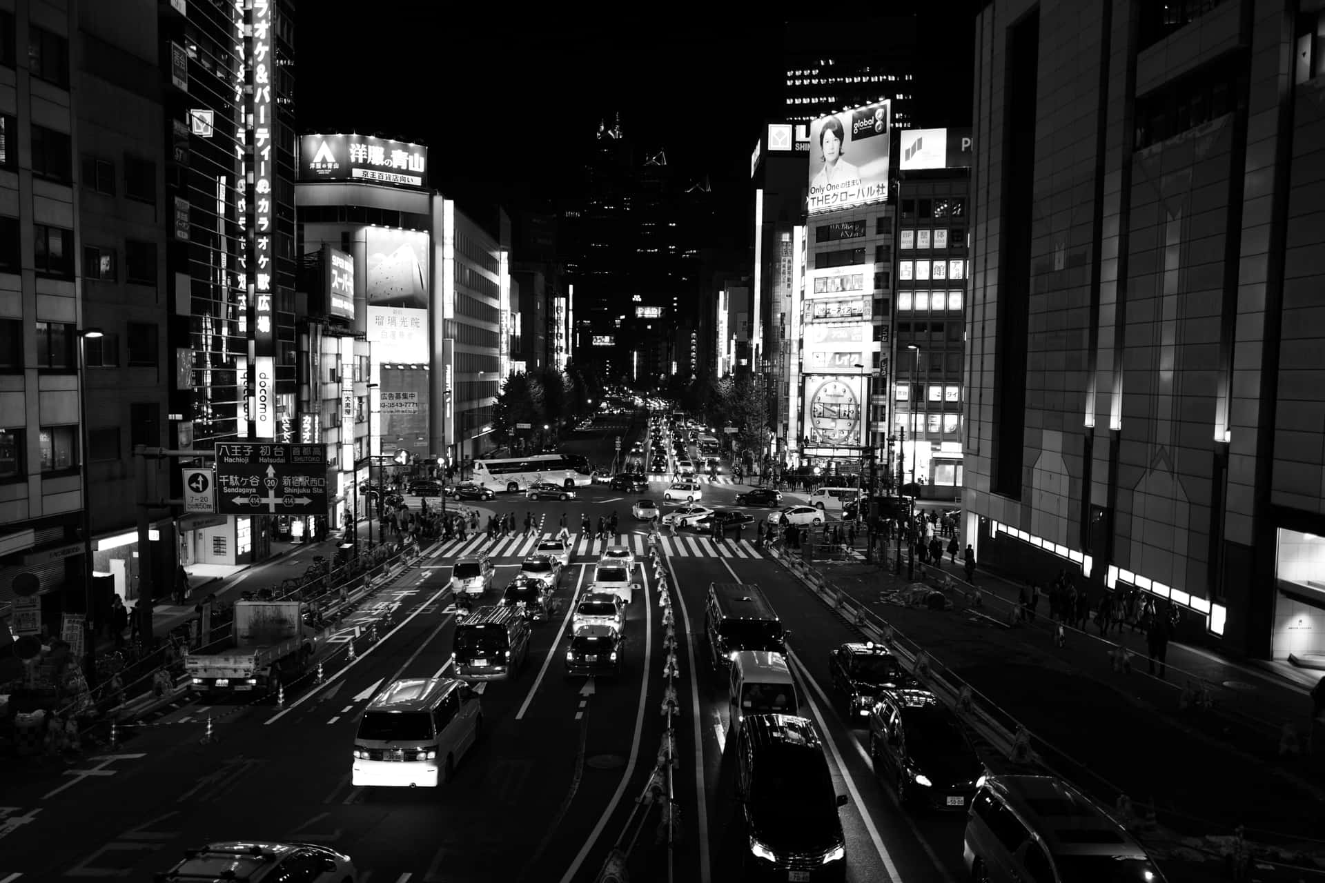 Japan Black And White Busy Avenue Wallpaper