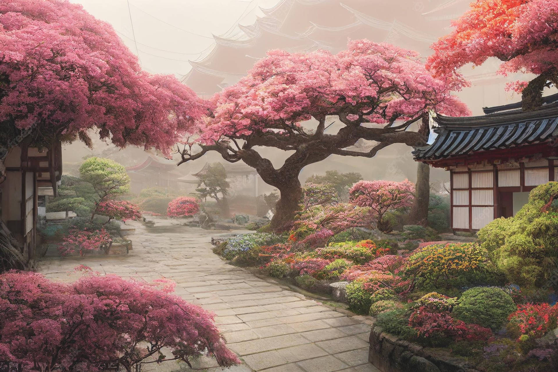 Japan Cherry Blossom Foggy Houses Wallpaper