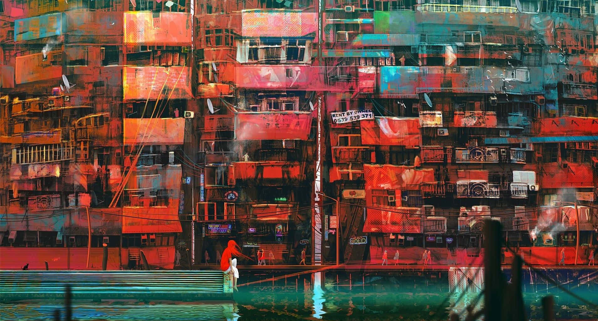 En glitched ud Kowloon Walled City i Tokyo Wallpaper