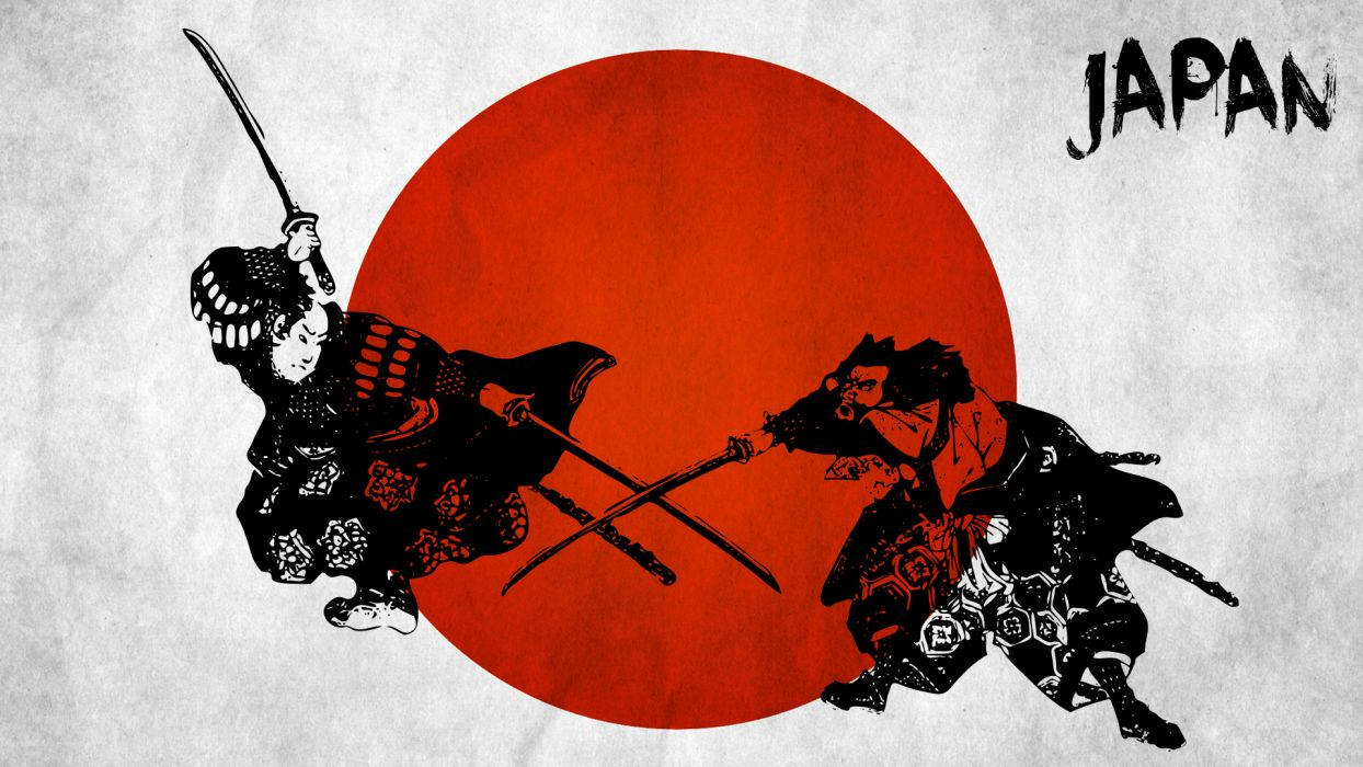 Japansflagga Med Animerade Samurajer På Bakgrundsbilden. Wallpaper