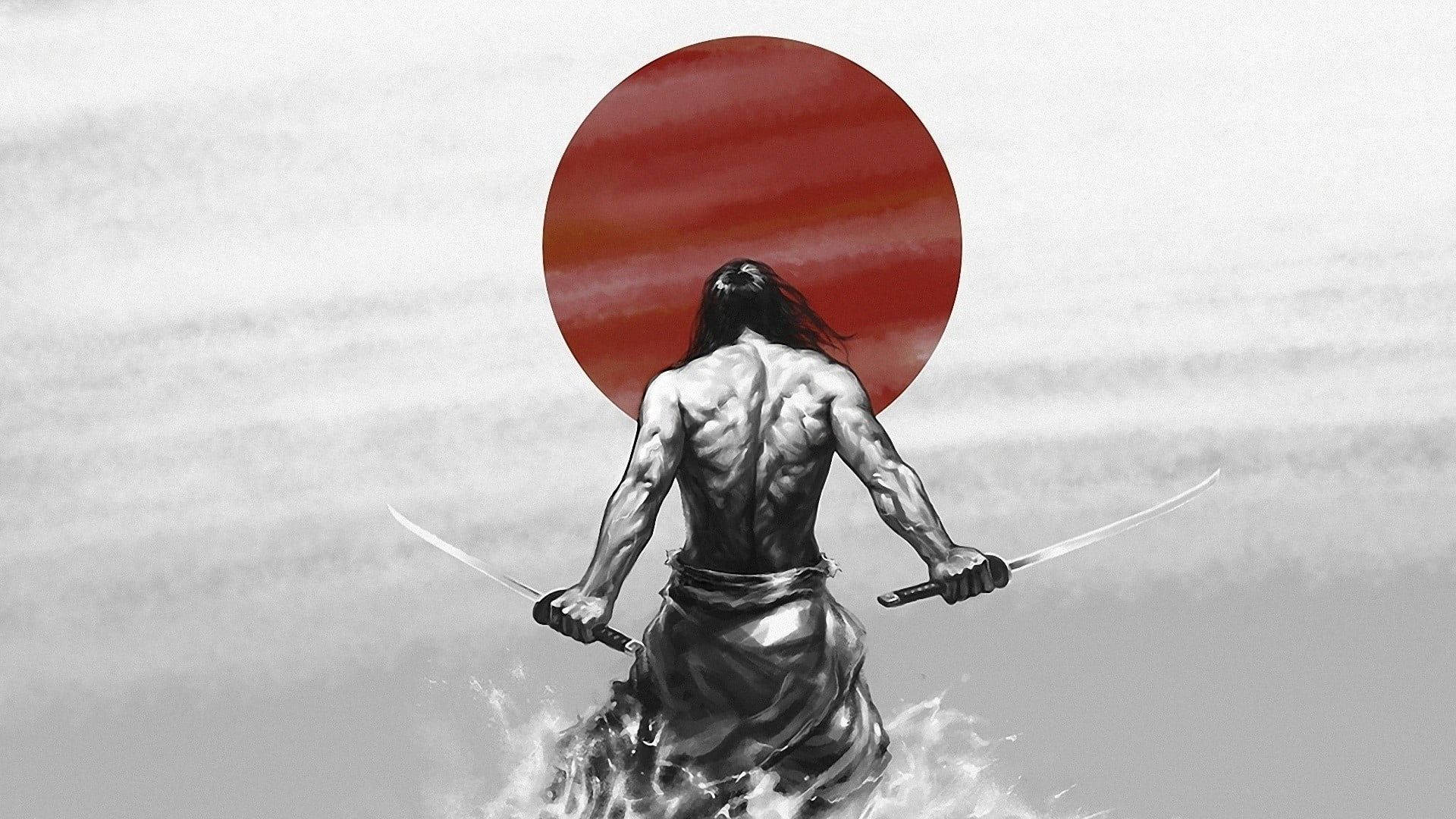 Bandiera Del Giappone Con L'uomo Samurai Senza Camicia Sfondo