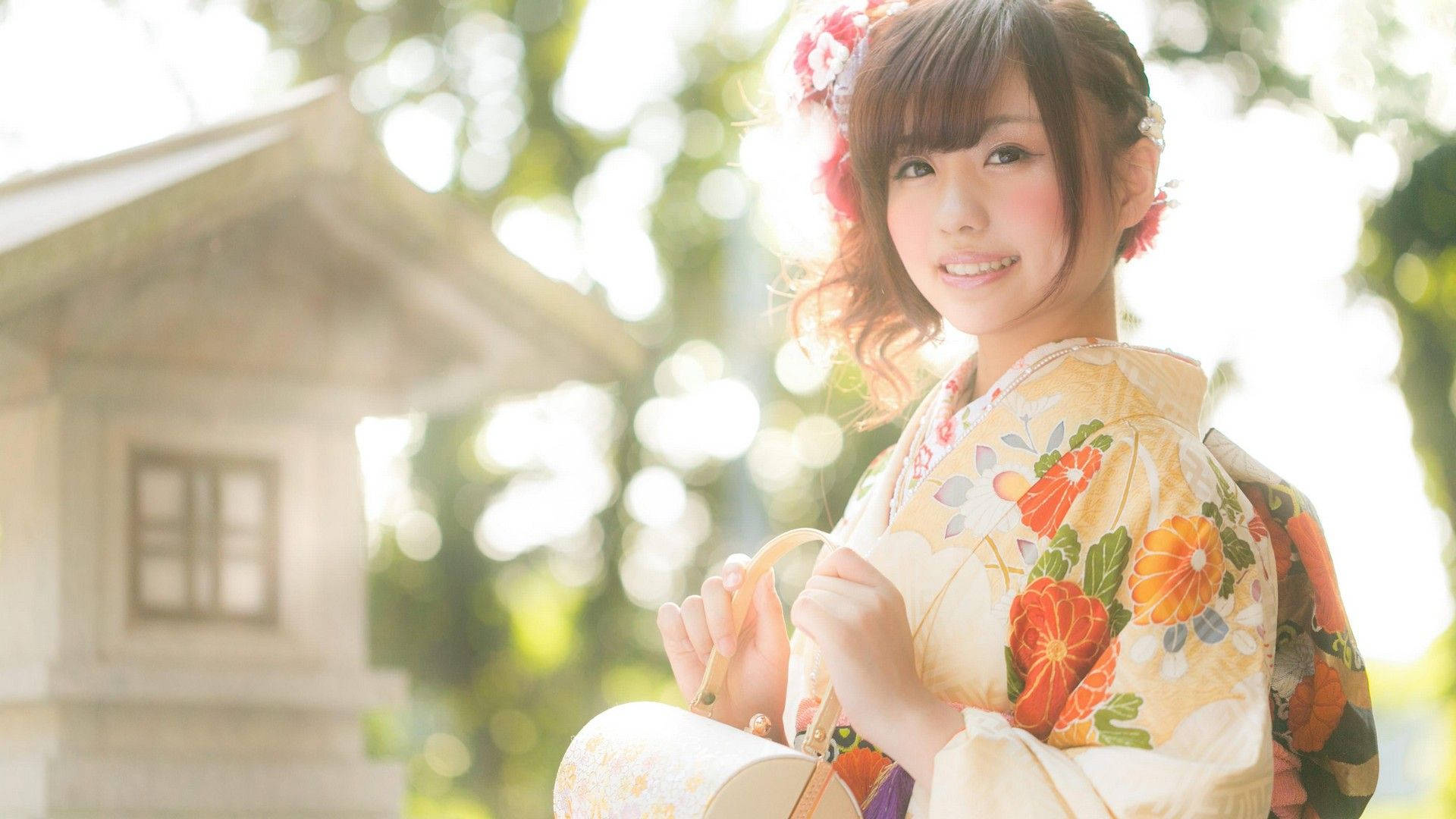 Japan Girl Orange Floral Kimono Background