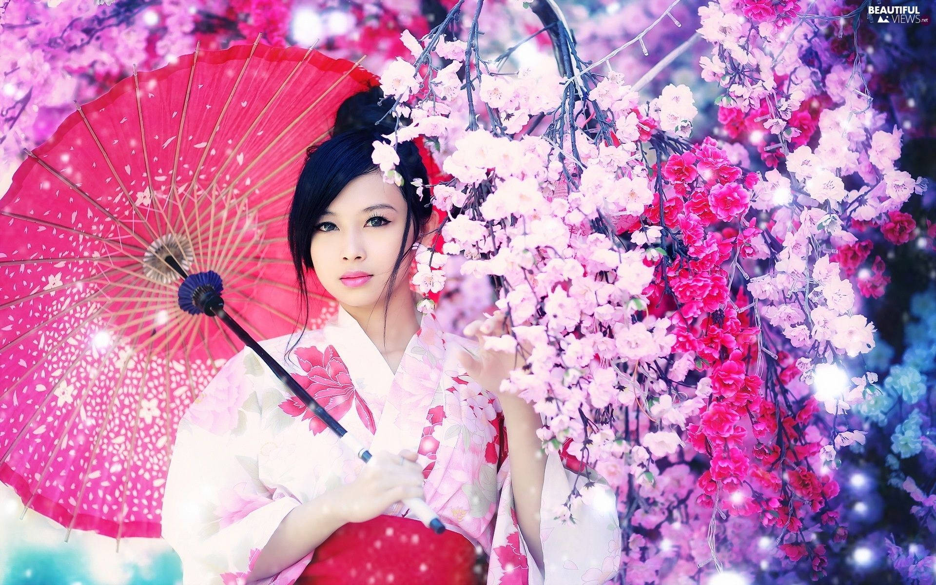 Japan Girl Pink Floral Aesthetic Wallpaper