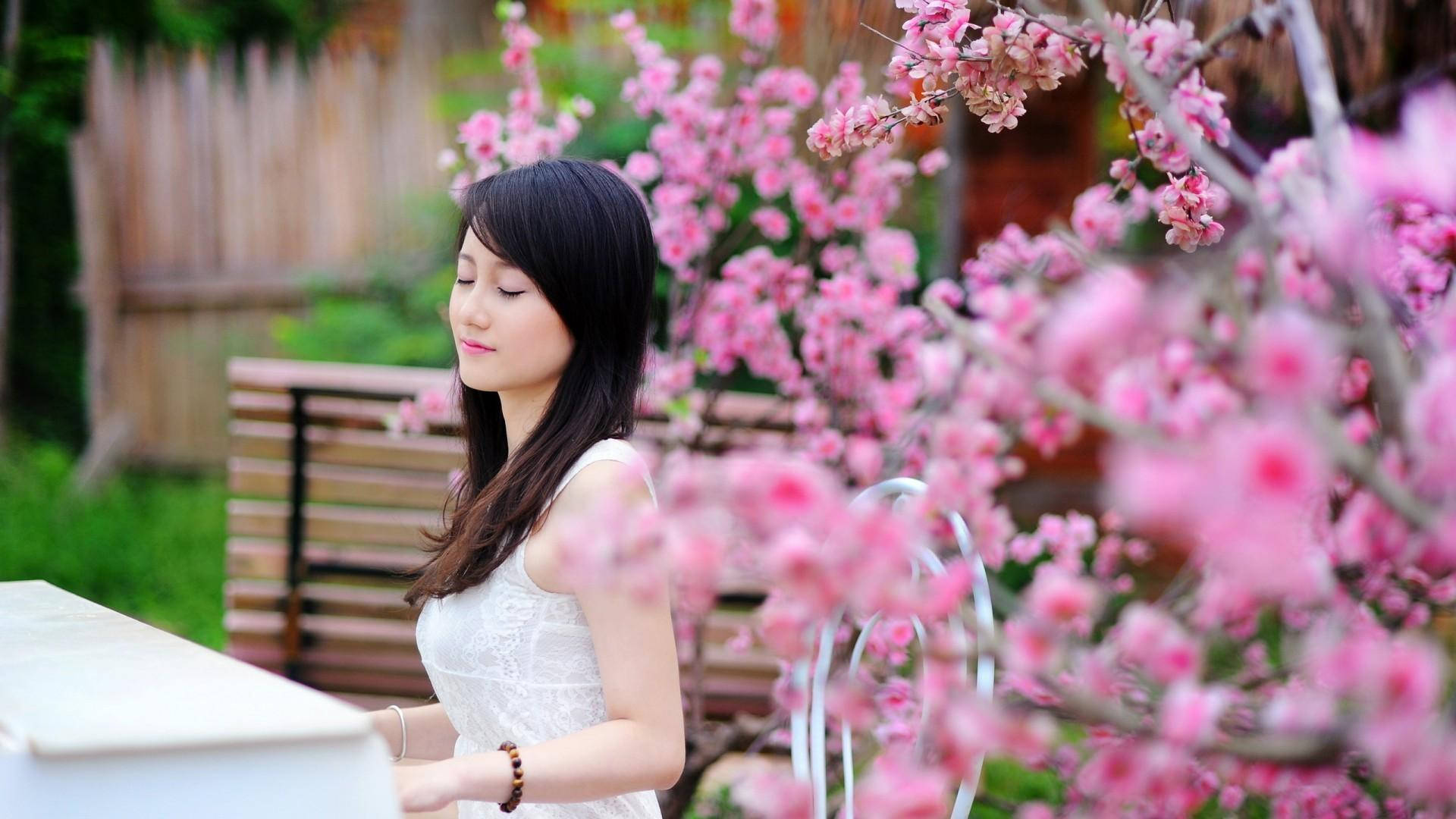 Japan Girl Playing Piano Pink Garden Flowers Background