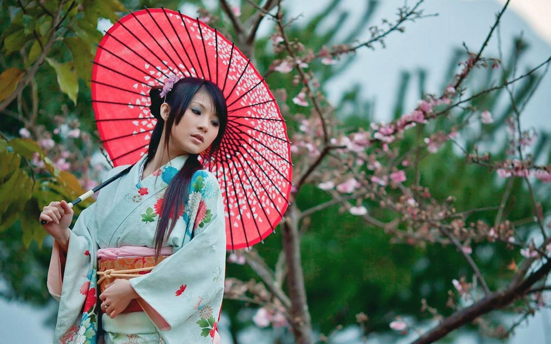 Japan Girl Red Umbrella And Yukata Picture