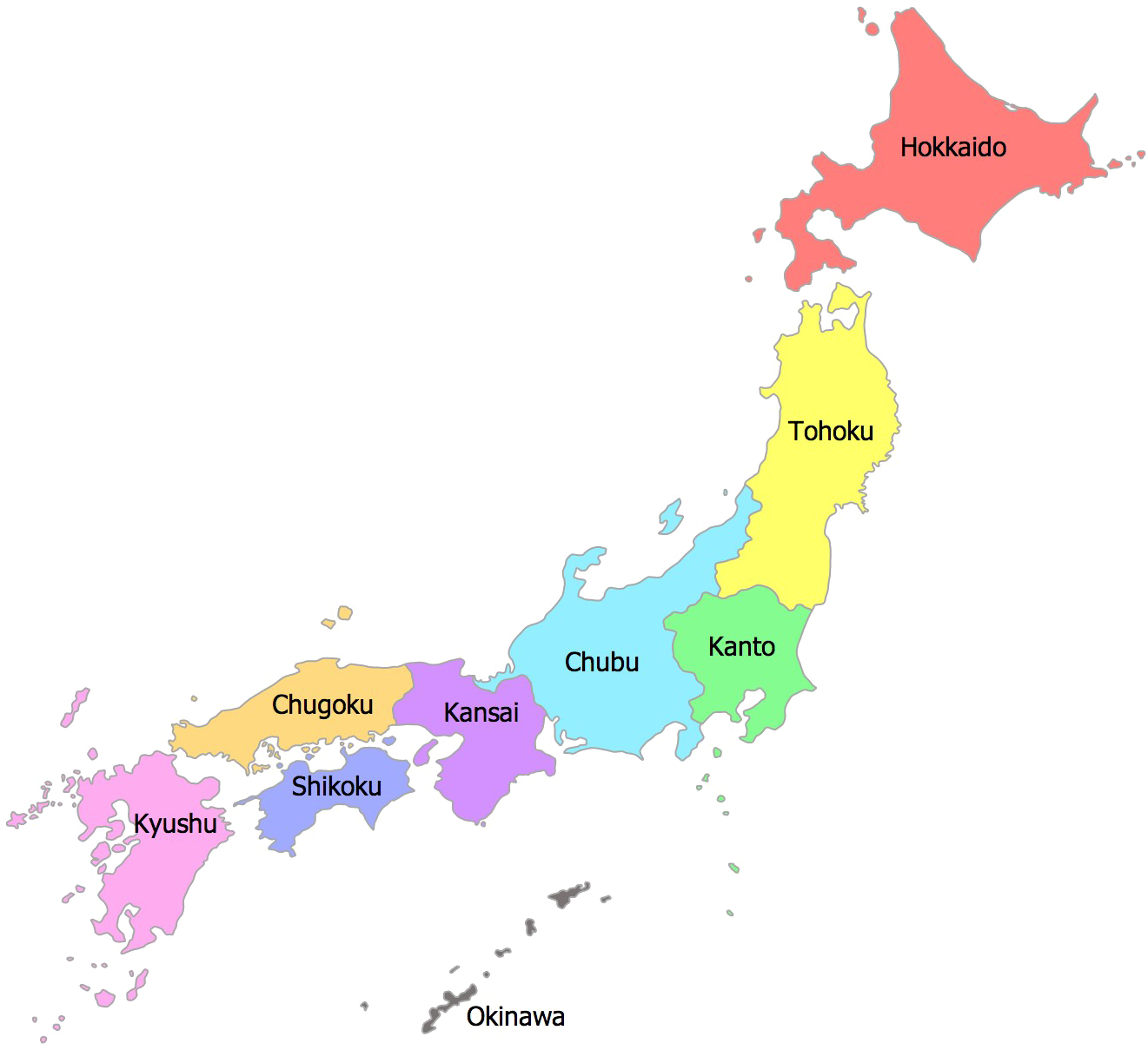 Japan Regions Map Color Coded PNG