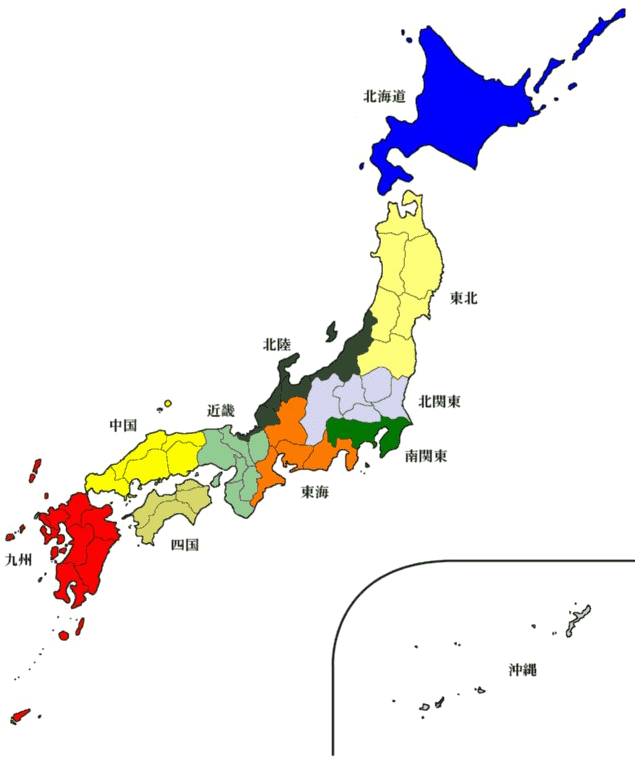 Japan Regions Map Color Coded PNG