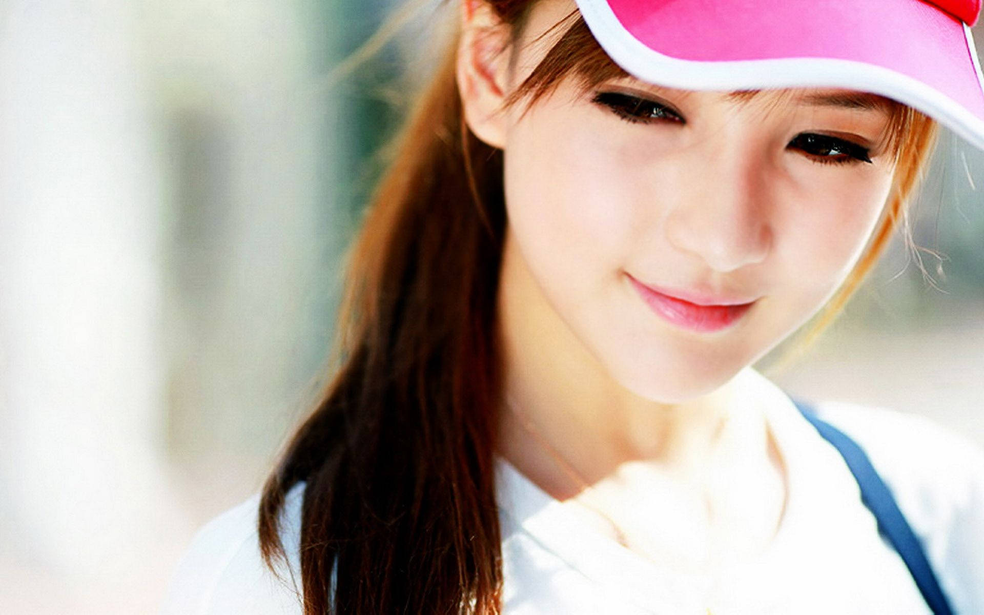 Japan Sporty Girl Pink Cap Smile Background