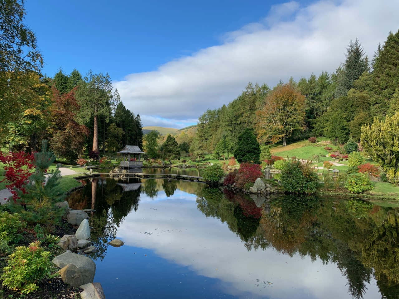 Serene Japanese Garden with Red Maple Bridge