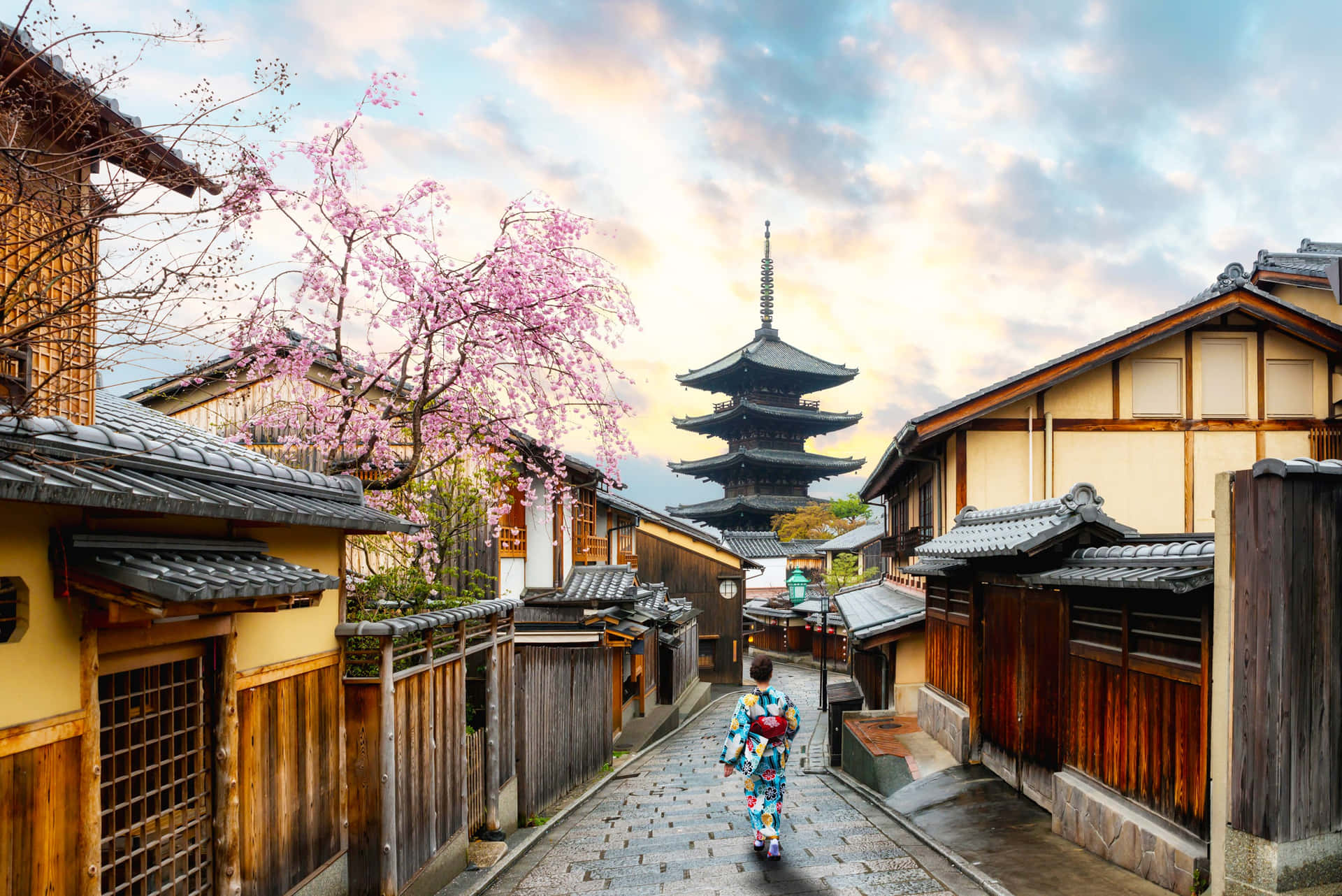 Caption: Serene Japanese Garden with Sakura Tree and Wooden Bridge