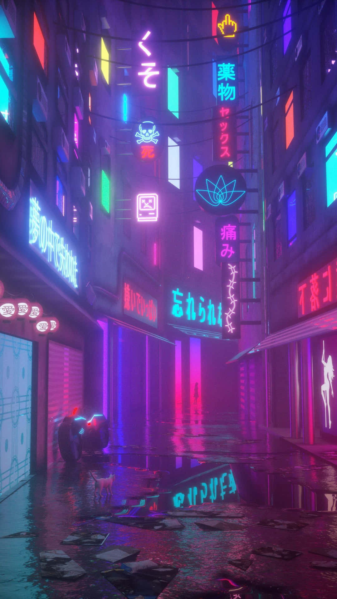 En by med neon lys og neon skilte Wallpaper