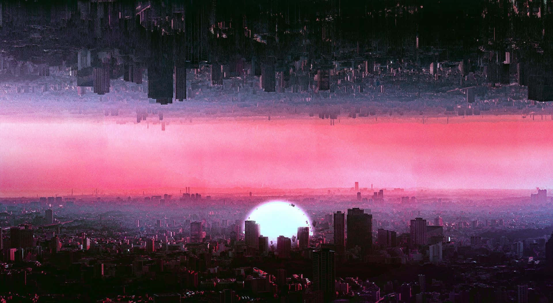 A Cityscape With A Pink Sun And A Pink Sky Wallpaper