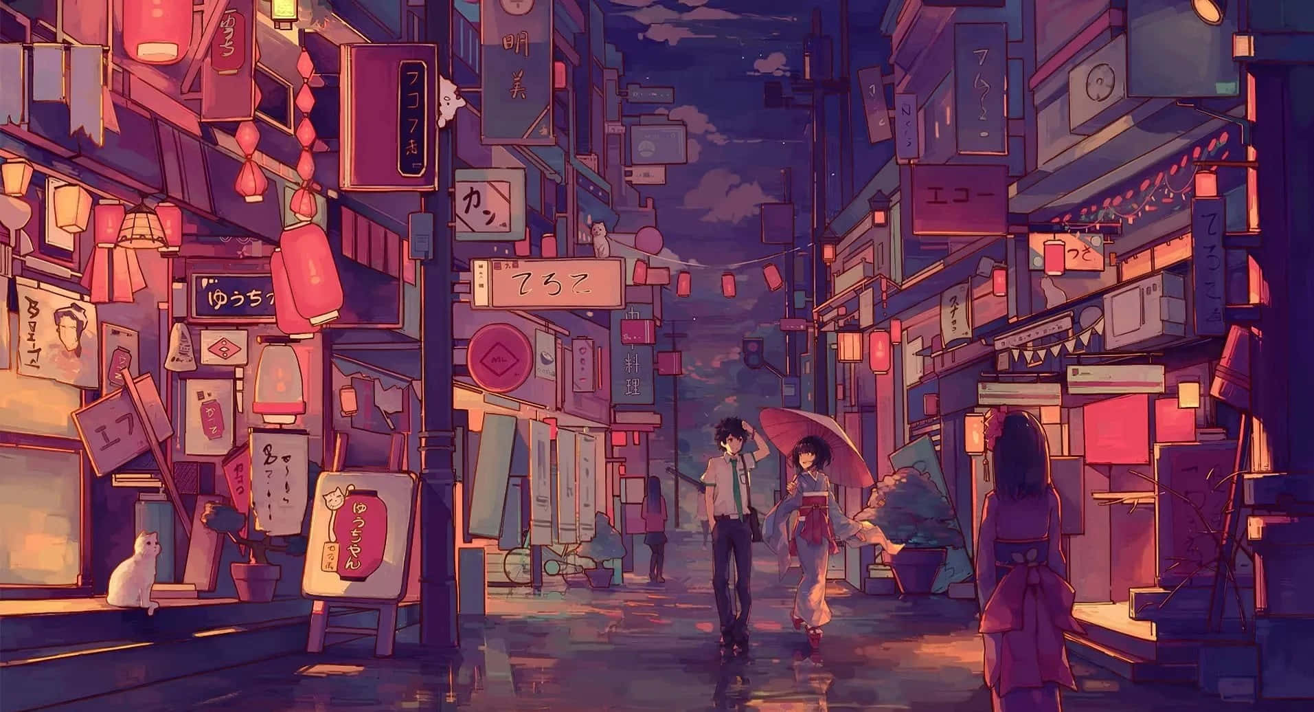 A City With People Walking Down The Street Wallpaper