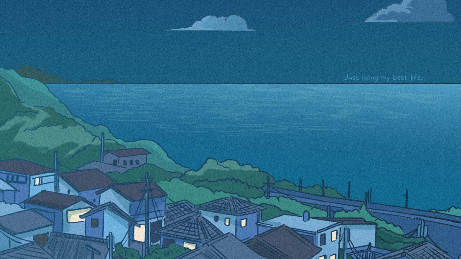 Japanese Aesthetic Houses Near Sea Desktop Wallpaper