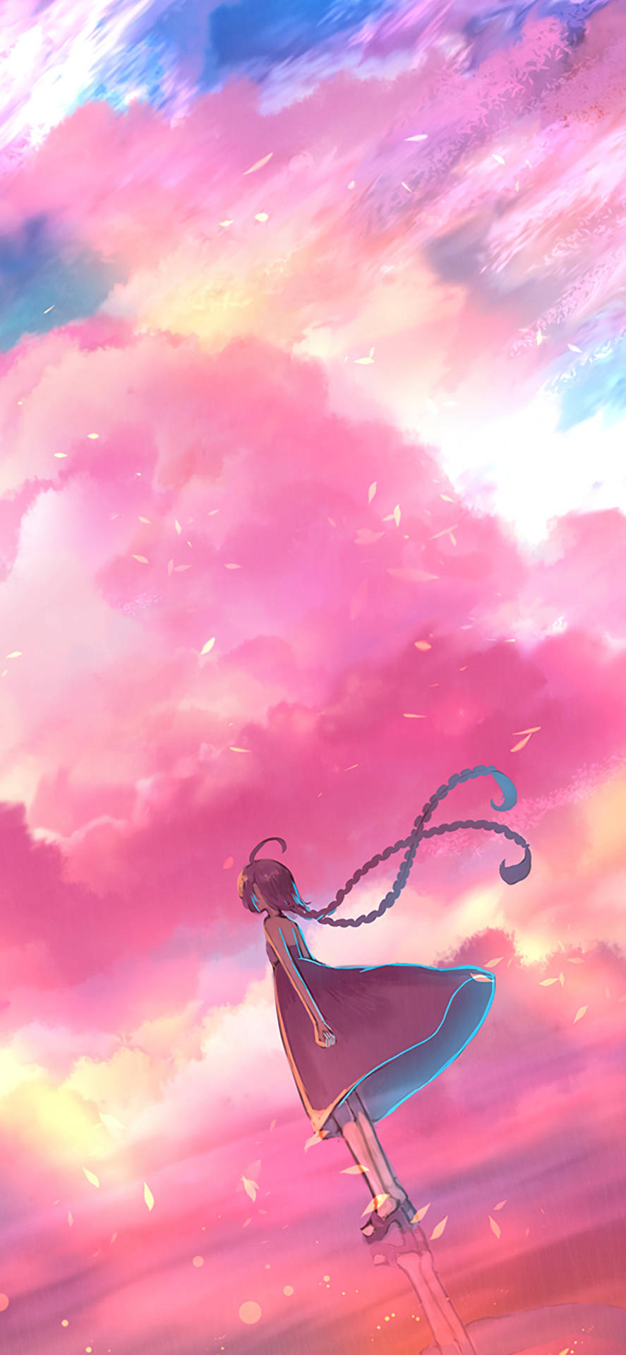 Japanese Aesthetic Iphone Girl Gazing Up Pink Clouds Wallpaper