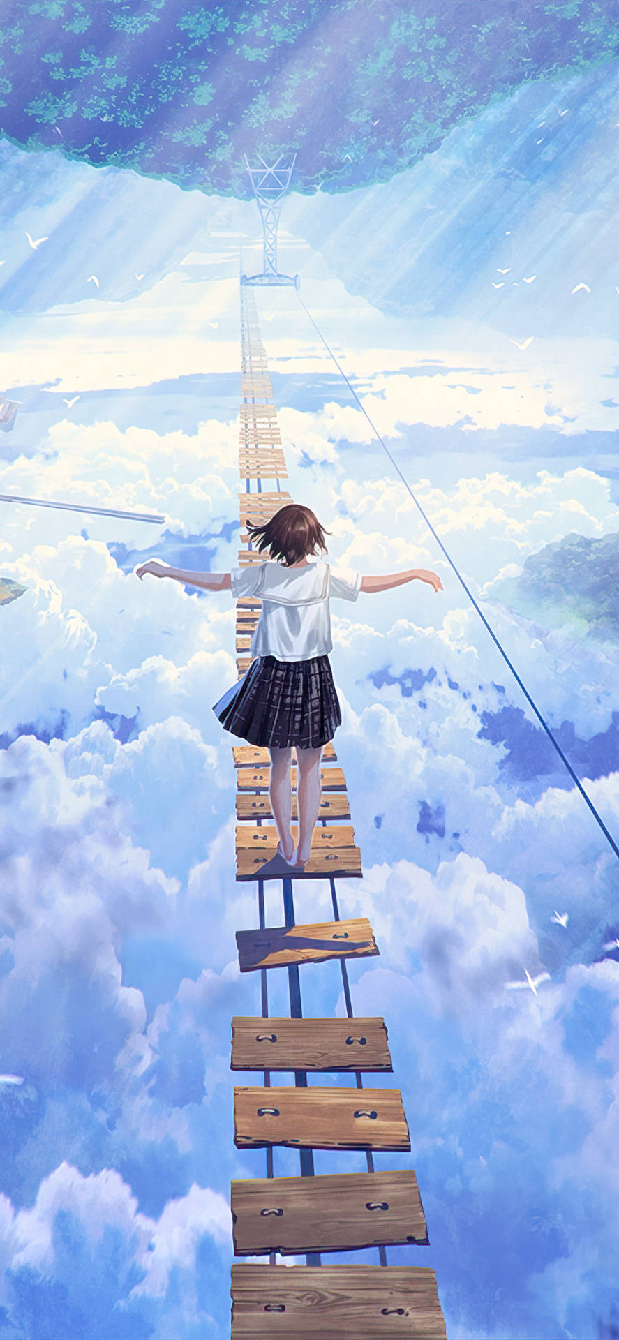Japanese Aesthetic iPhone Schoolgirl On Clouds Wallpaper